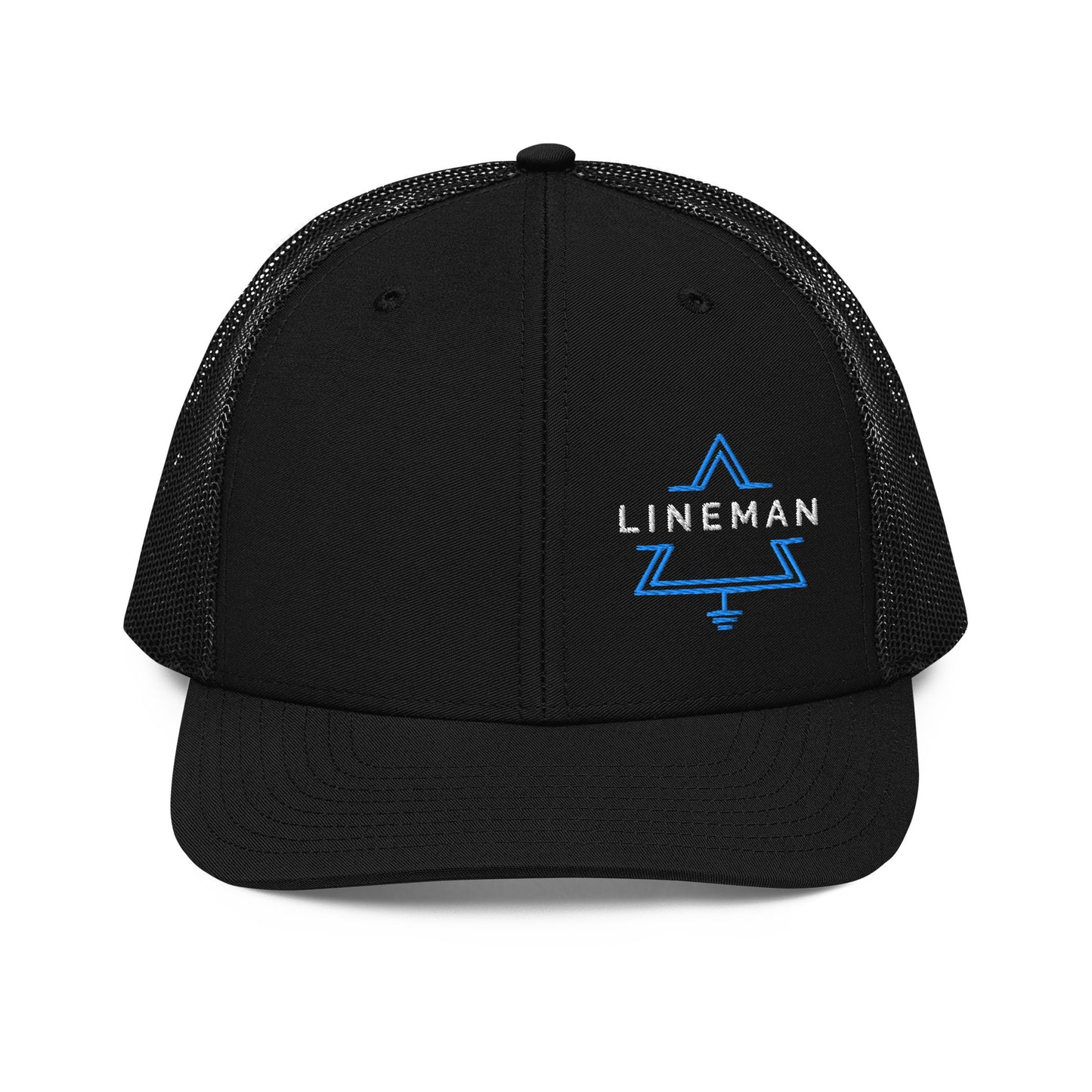 all black hat for linemen. lineman text inside a grounded delta symbol