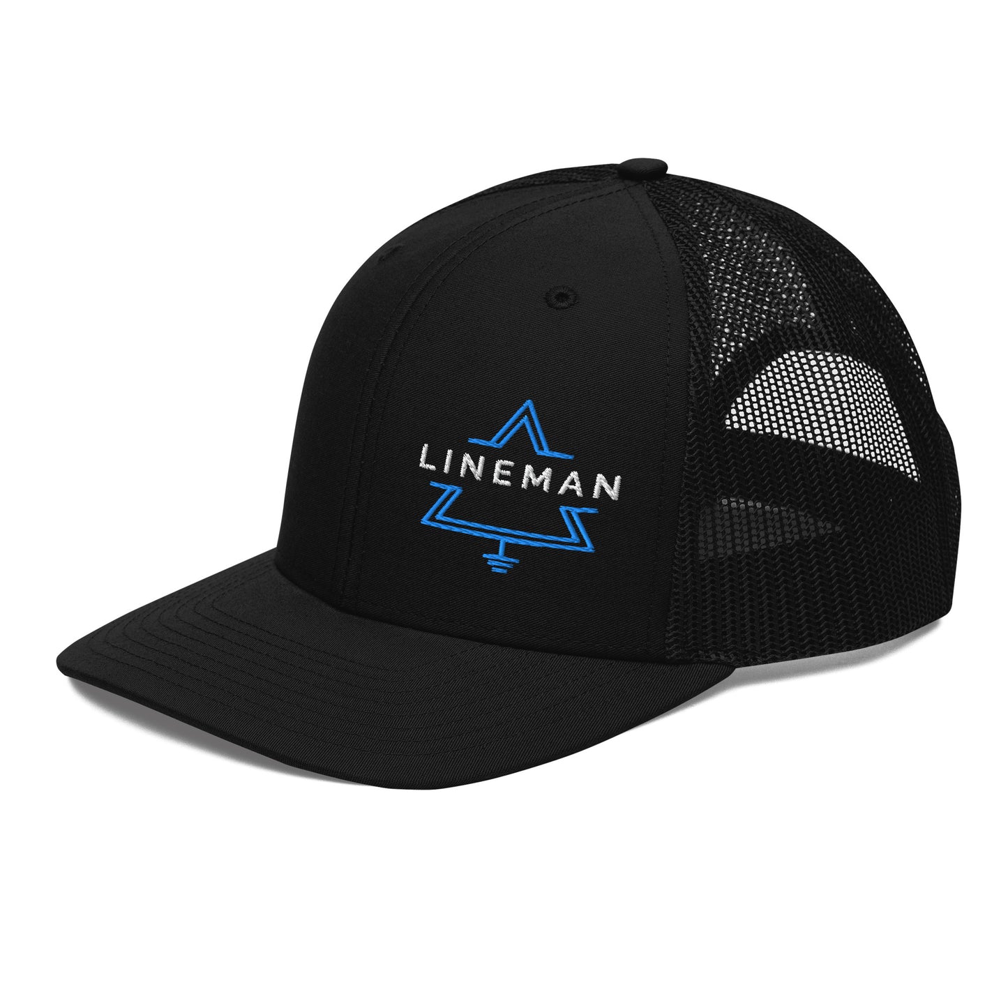 side view all black hat for linemen. lineman text inside a grounded delta symbol