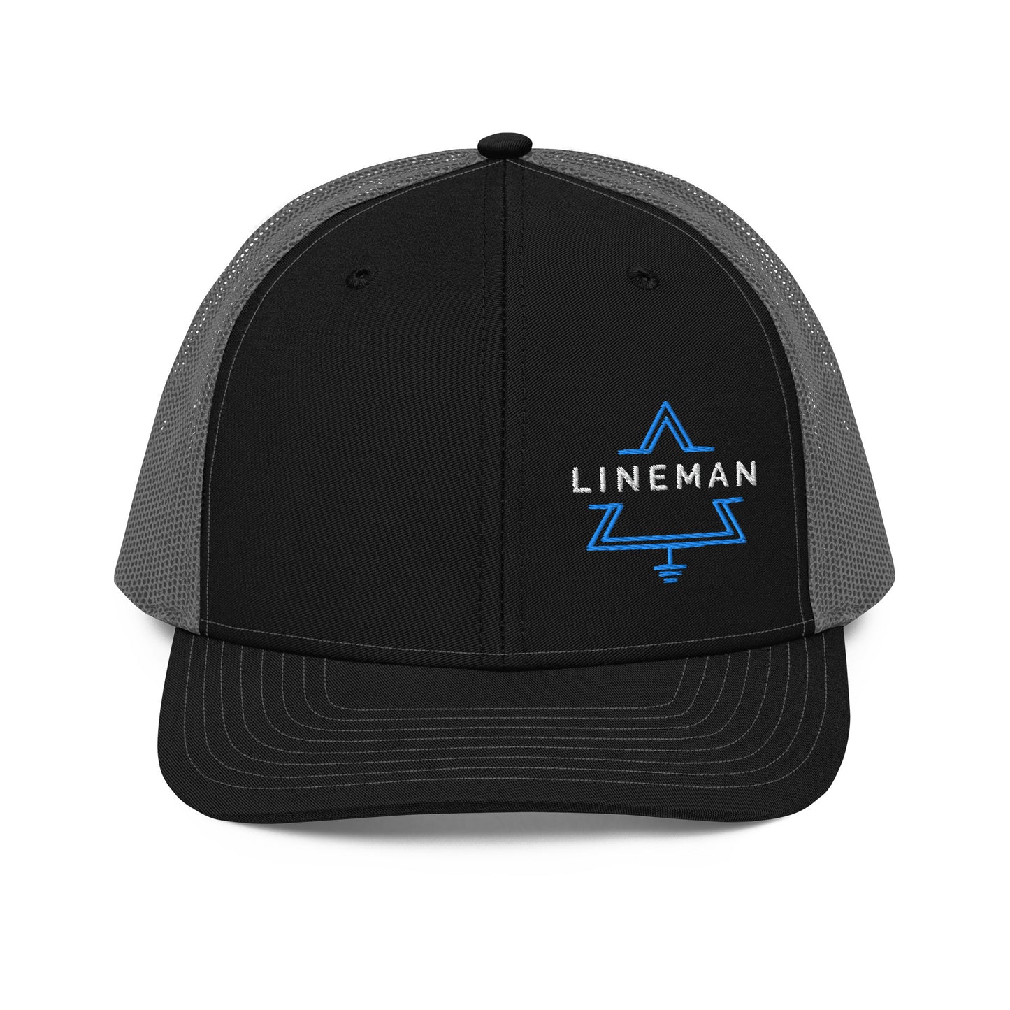 Black front grey back hat for linemen. lineman text inside a grounded delta symbol