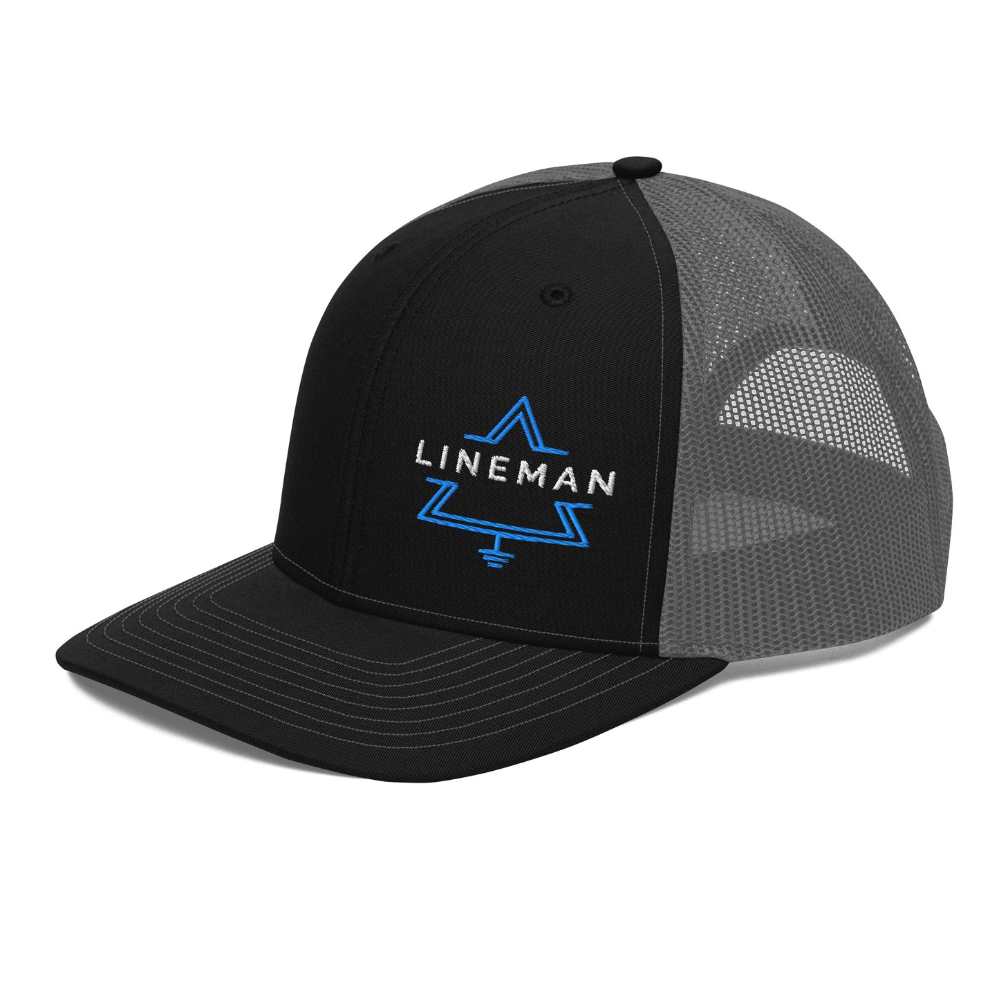 Side view black front grey back hat for linemen. lineman text inside a grounded delta symbol