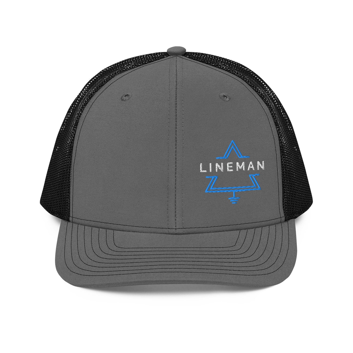charcoal front black back hat for linemen. lineman text inside a grounded delta symbol