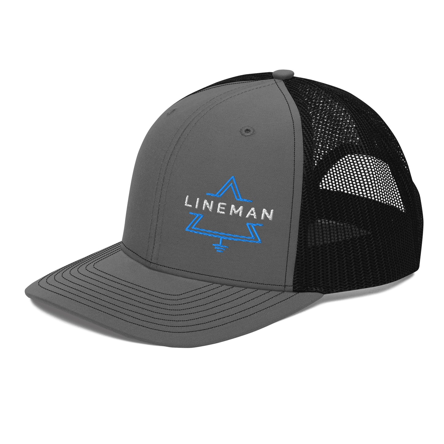 side view charcoal front black back hat for linemen. lineman text inside a grounded delta symbol