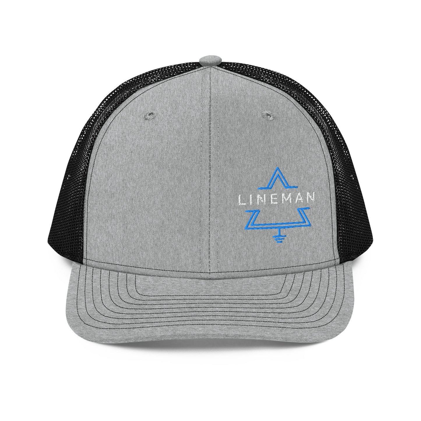 Grey front black back hat for linemen. lineman text inside a grounded delta symbol