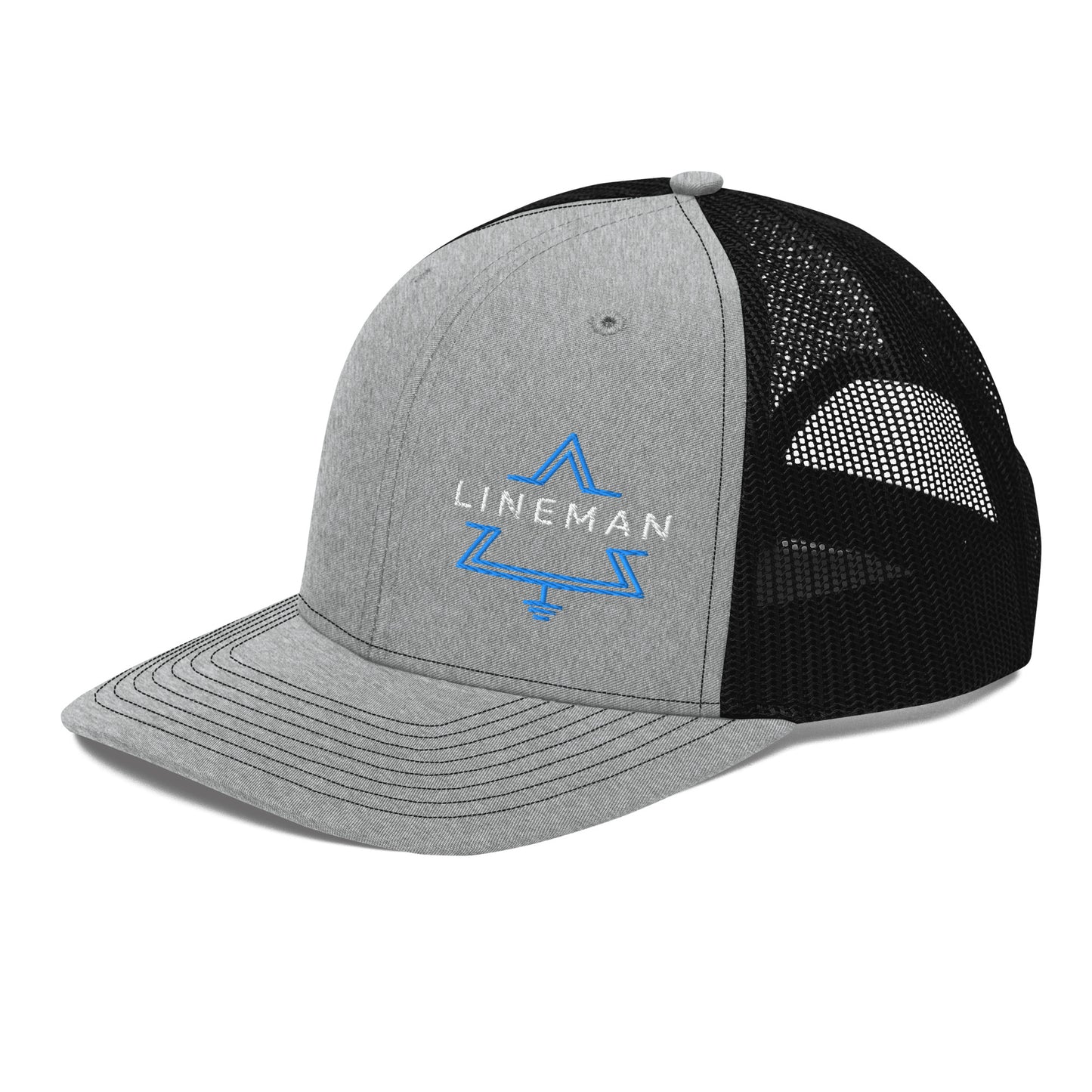side view Grey front black back hat for linemen. lineman text inside a grounded delta symbol