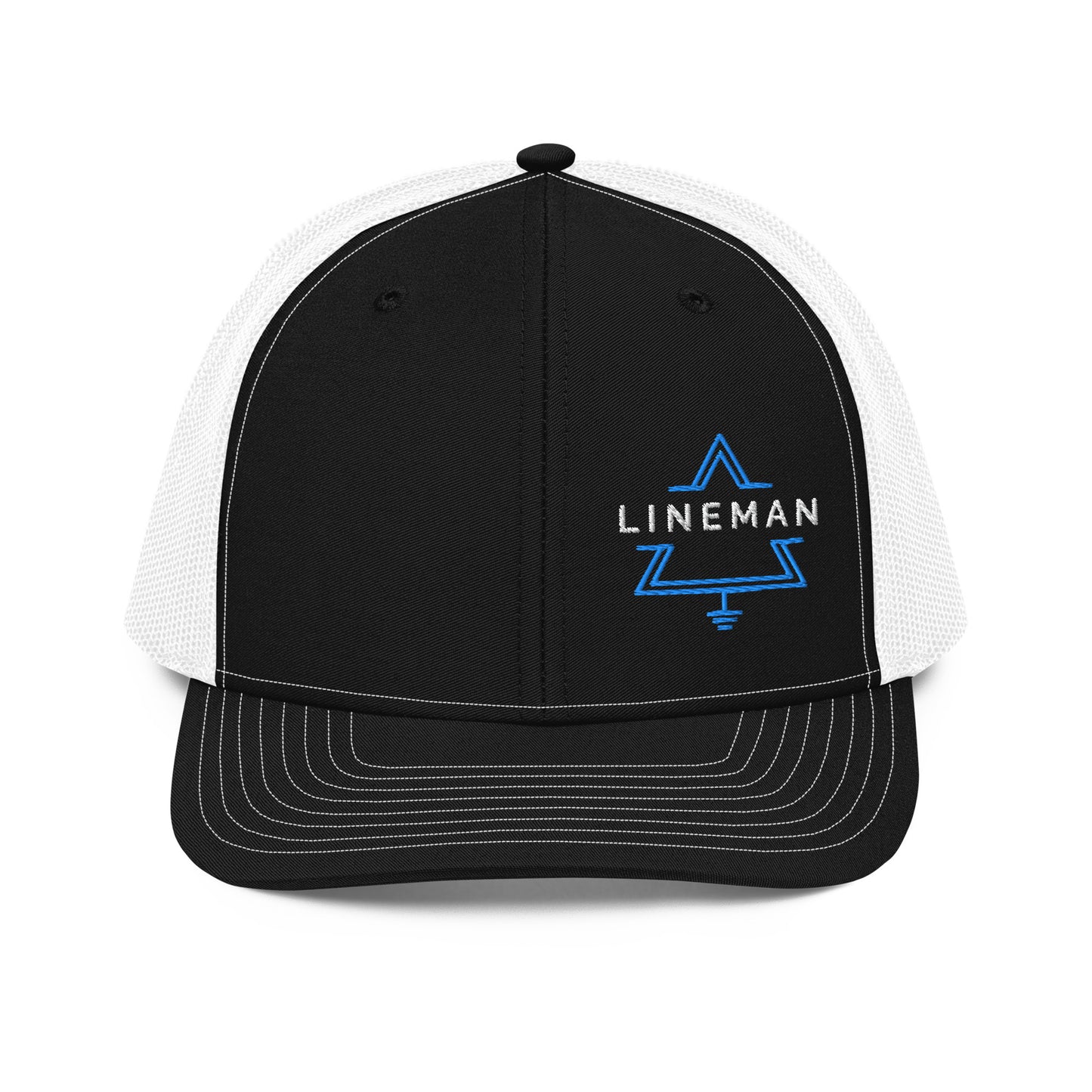 black front white back hat for linemen. lineman text inside a grounded delta symbol