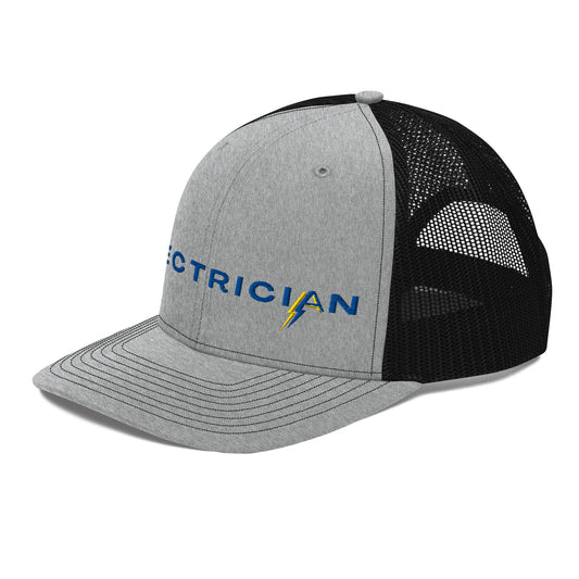 side view of Grey front black back Richardson Snapback trucker hat for electricians. ARC Apparel branded A in the word electrician.