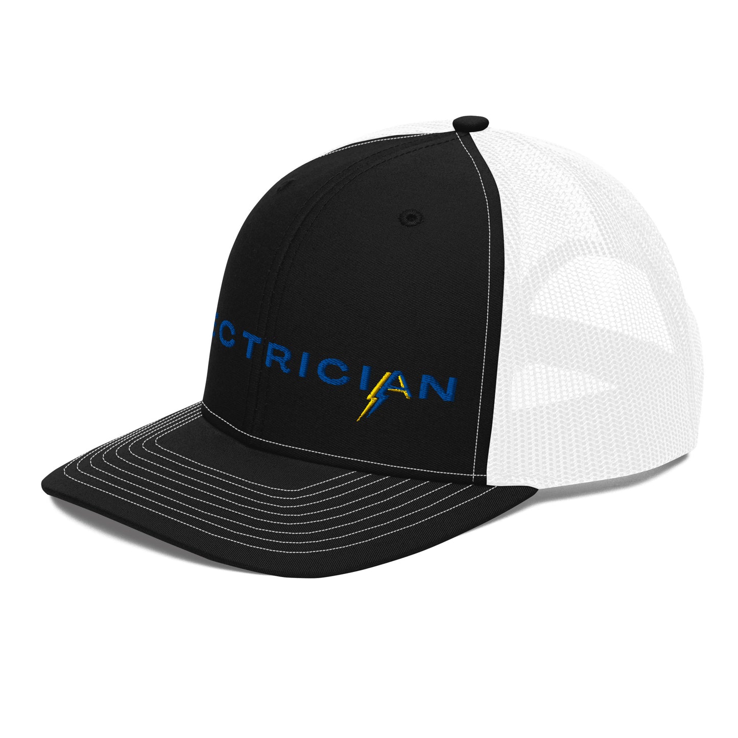 side of black front white back Richardson Snapback trucker hat for electricians. ARC Apparel branded A in the word electrician.