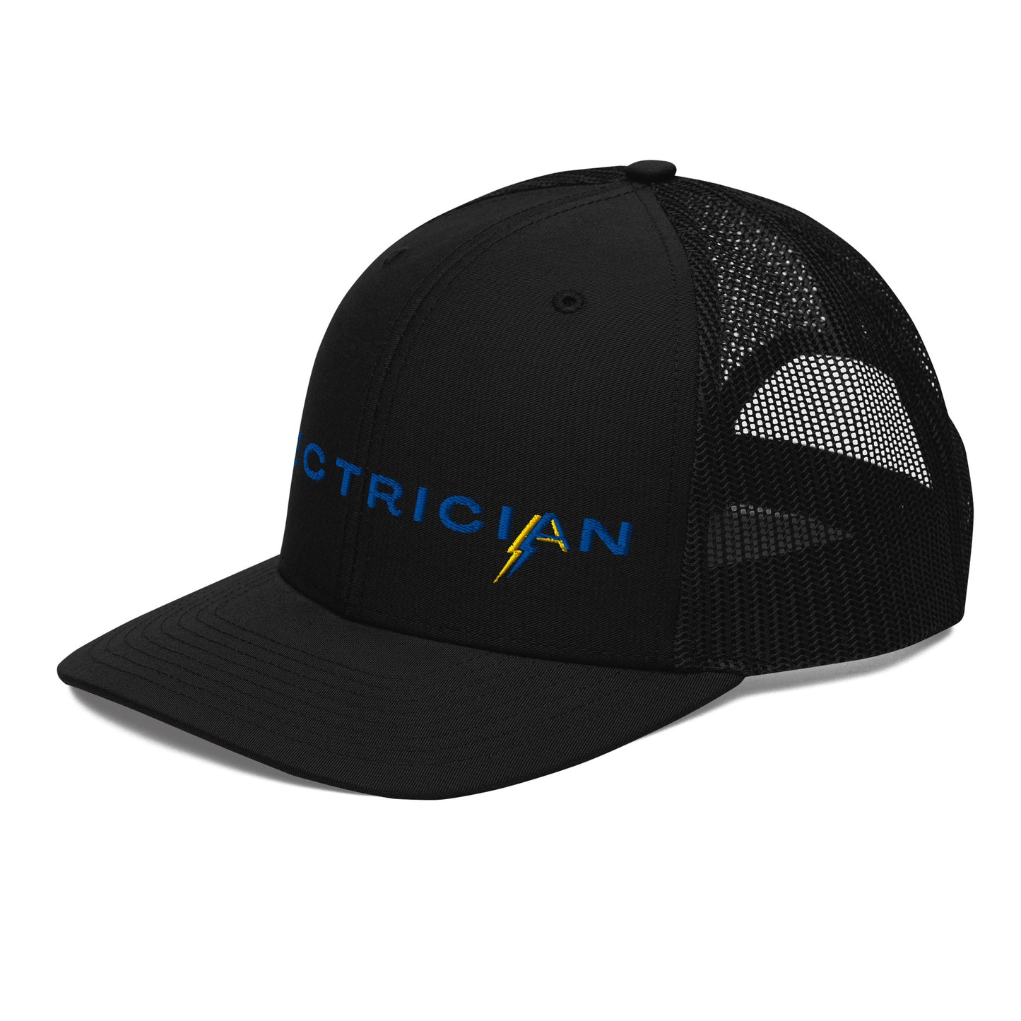 side of all black Richardson Snapback trucker hat for electricians. ARC Apparel branded A in the word electrician.