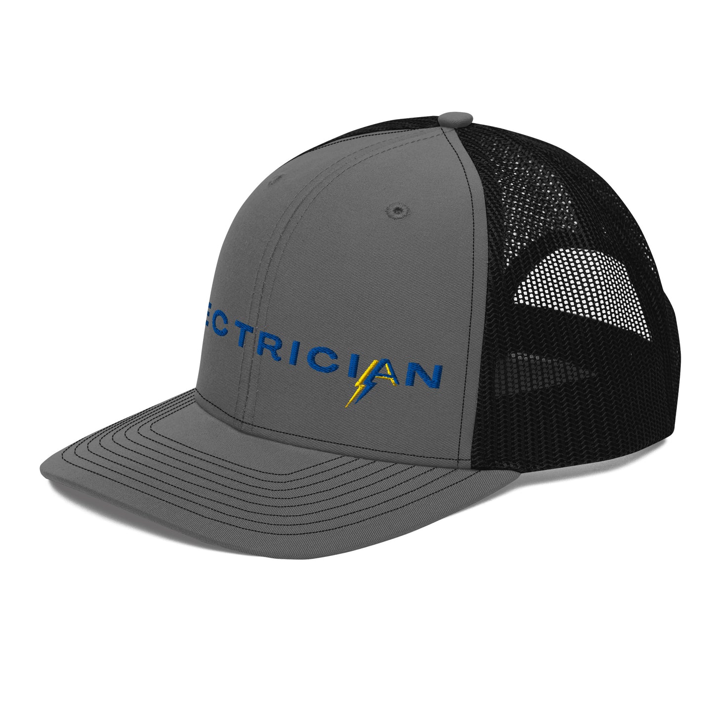 Side view charcoal front black back Richardson Snapback trucker hat for electricians. ARC Apparel branded A in the word electrician.
