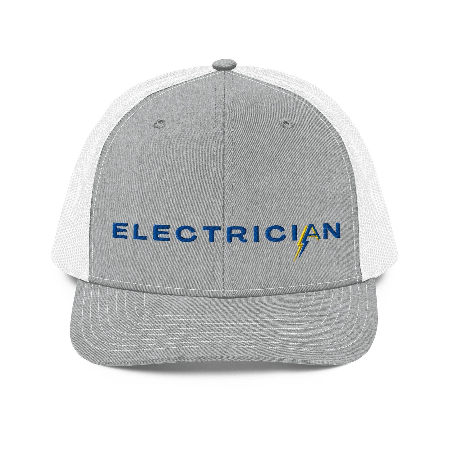 grey front white back Richardson Snapback trucker hat for electricians. ARC Apparel branded A in the word electrician.