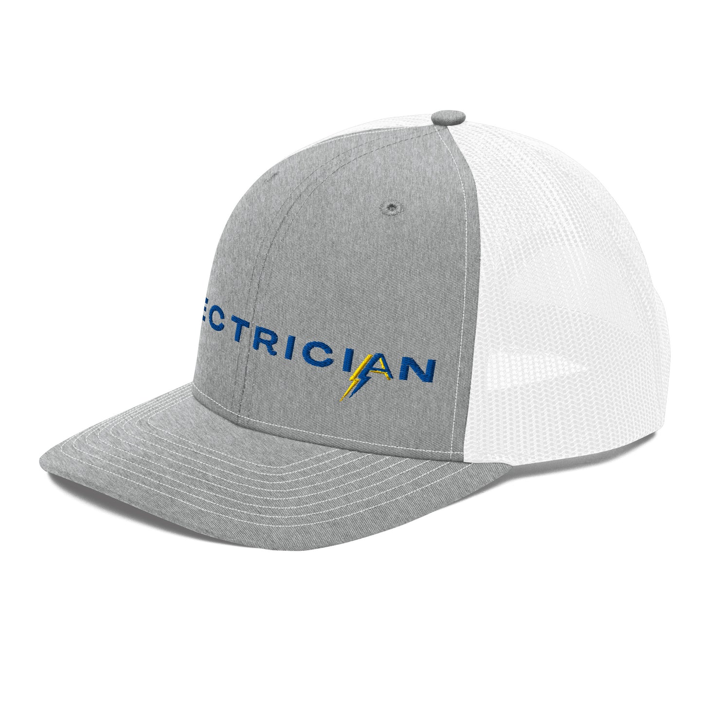 side view grey front white back Richardson Snapback trucker hat for electricians. ARC Apparel branded A in the word electrician.