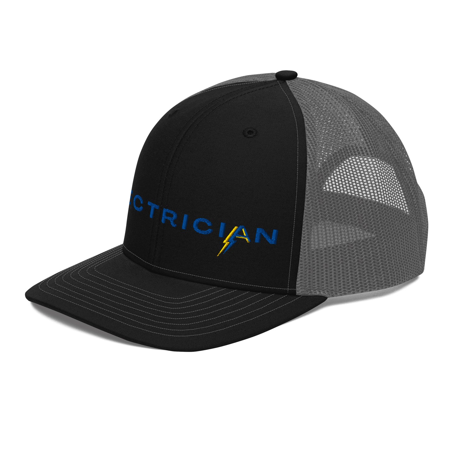 side of black front grey back Richardson Snapback trucker hat for electricians. ARC Apparel branded A in the word electrician.