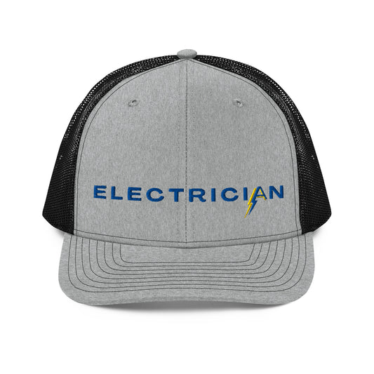 Grey front black back Richardson Snapback trucker hat for electricians. ARC Apparel branded A in the word electrician.