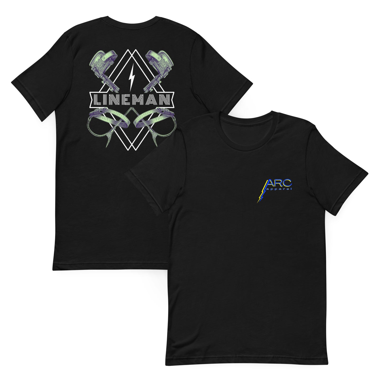 Black lineman shirt with graphic of climbers and gaffs, lightning bolt, and bold lineman text. ARC Apparel logo on front
