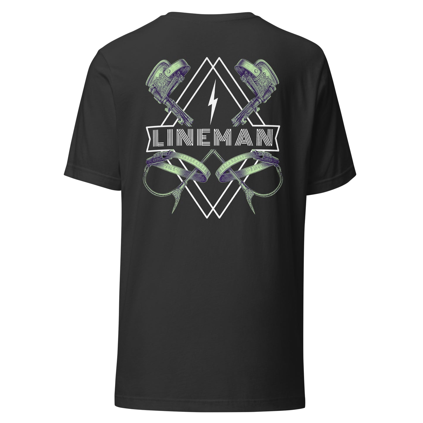Grey lineman shirt with graphic of climbers and gaffs, lightning bolt, and bold lineman text.