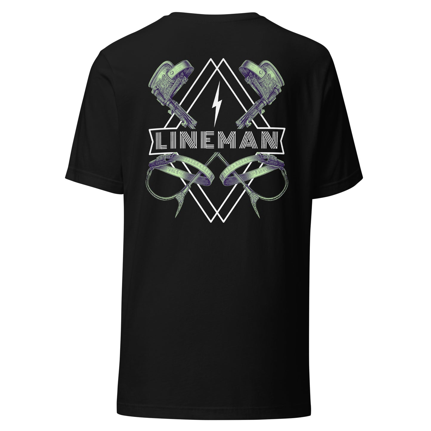 Black lineman shirt with graphic of climbers and gaffs, lightning bolt, and bold lineman text.
