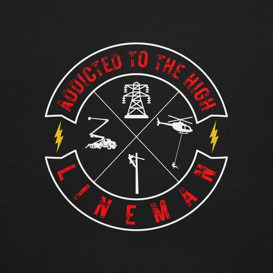 Close up of black lineman shirt with 'Addicted to the High' circle graphic and linemen trade symbols