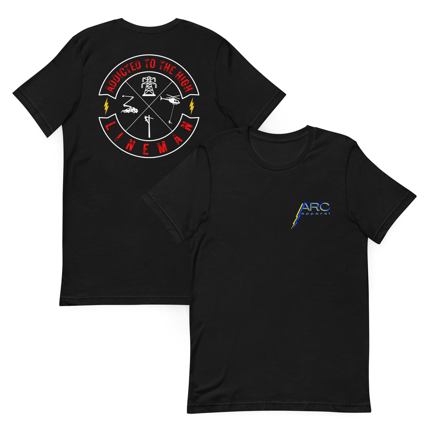 Black lineman shirt with 'Addicted to the High' circle graphic and linemen trade symbols. ARC Apparel logo on front.