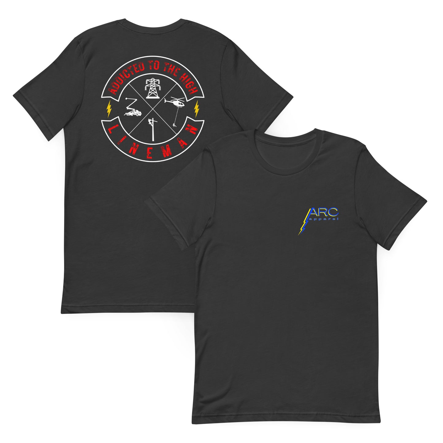Grey lineman shirt with 'Addicted to the High' circle graphic and linemen trade symbols. ARC Apparel logo on front.