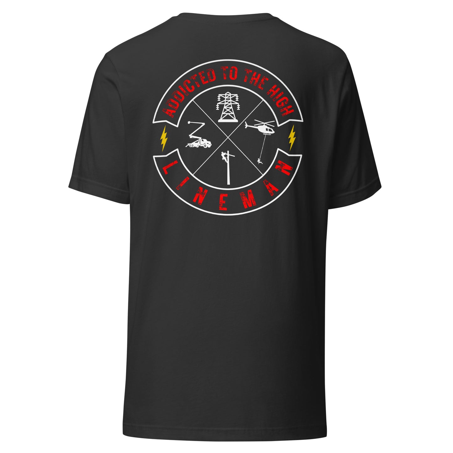 Grey lineman shirt with 'Addicted to the High' circle graphic and linemen trade symbols