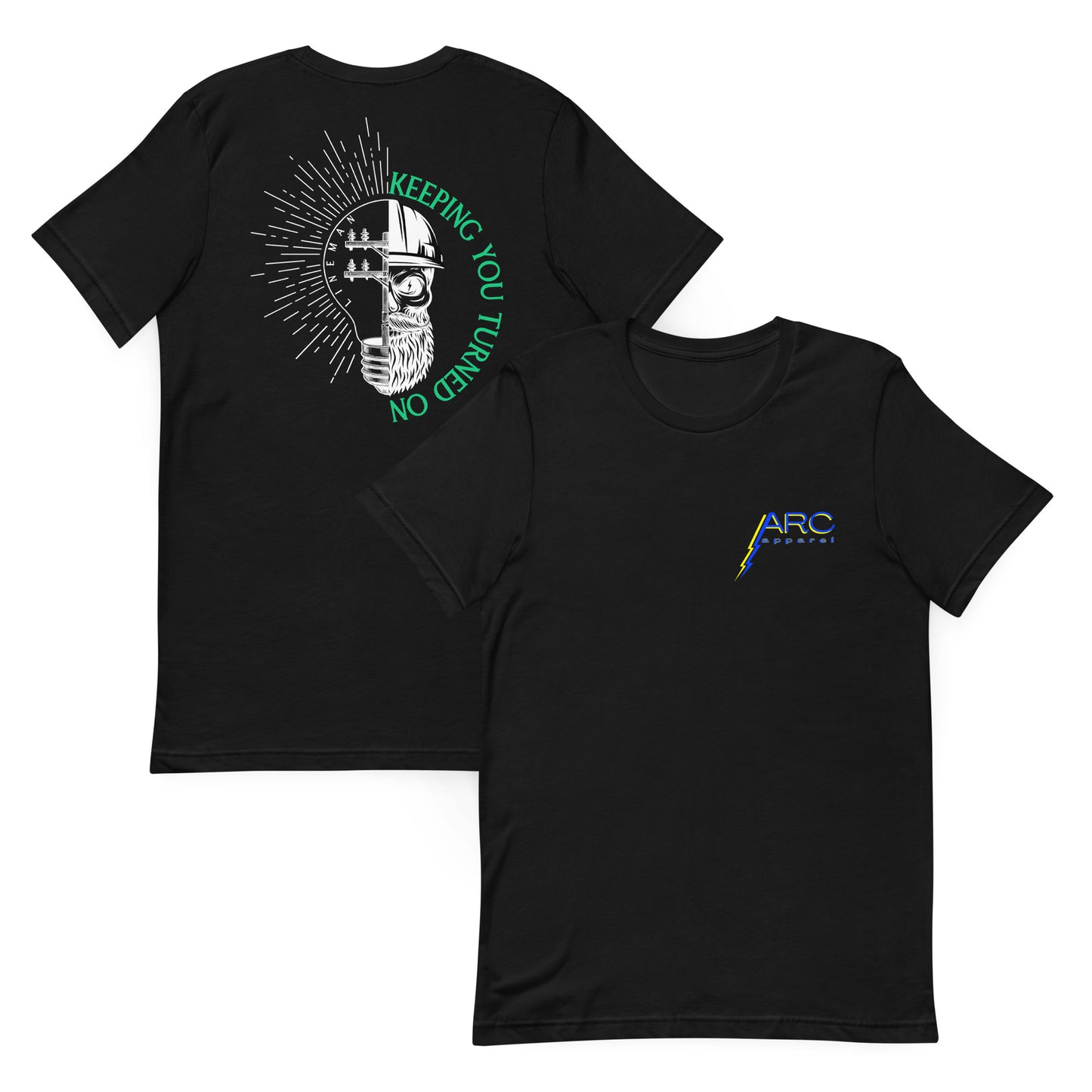 Black lineman shirt with lightbulb, power pole, and skeleton in hard hat. Text that reads lineman and keeping you turned on. ARC Apparel logo on front.