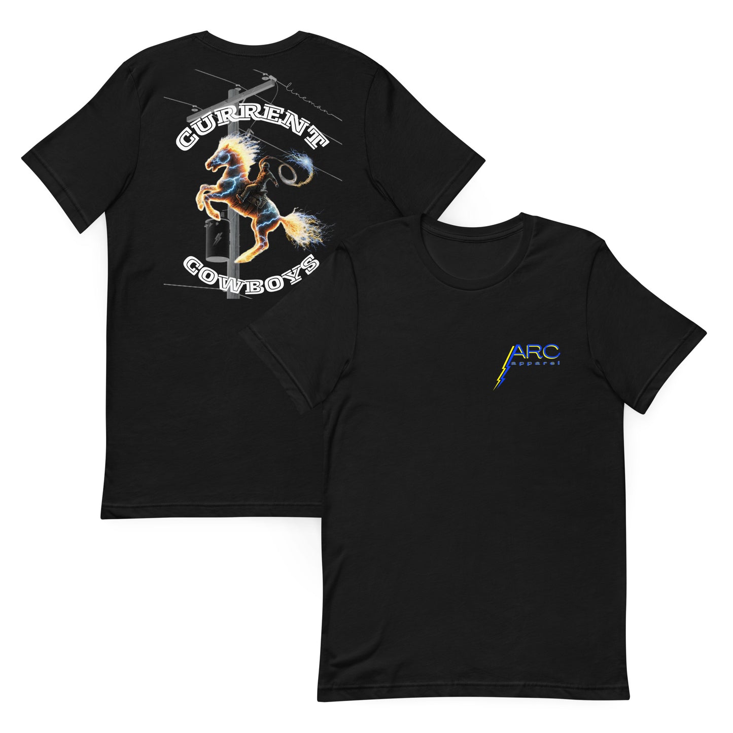 Black lineman shirt with electric lineman on horse and 'Current Cowboys' text over a power pole and 'lineman' written on the line. arc apparel logo on front