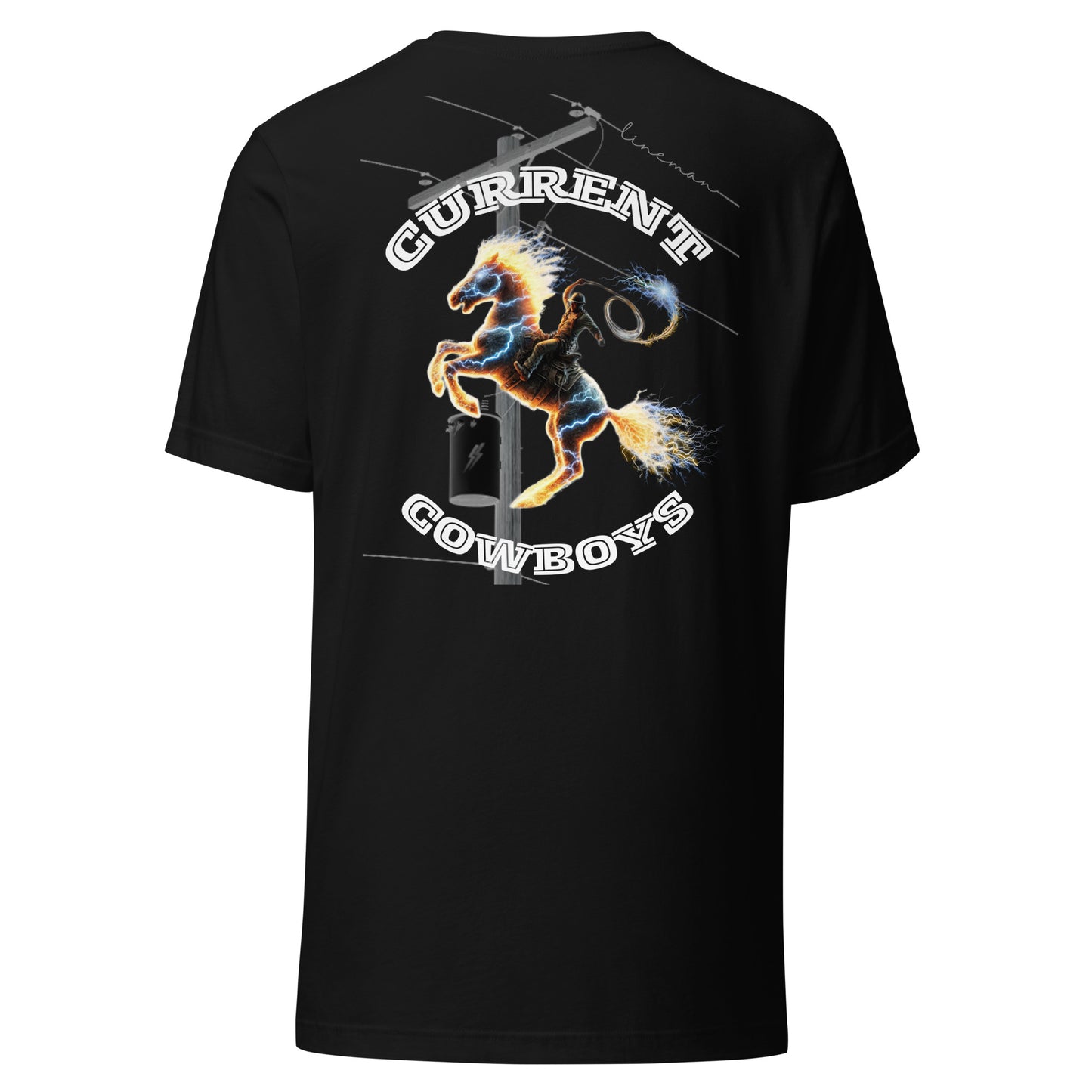 Black lineman shirt with electric lineman on horse and 'Current Cowboys' text over a power pole and 'lineman' written on the line.