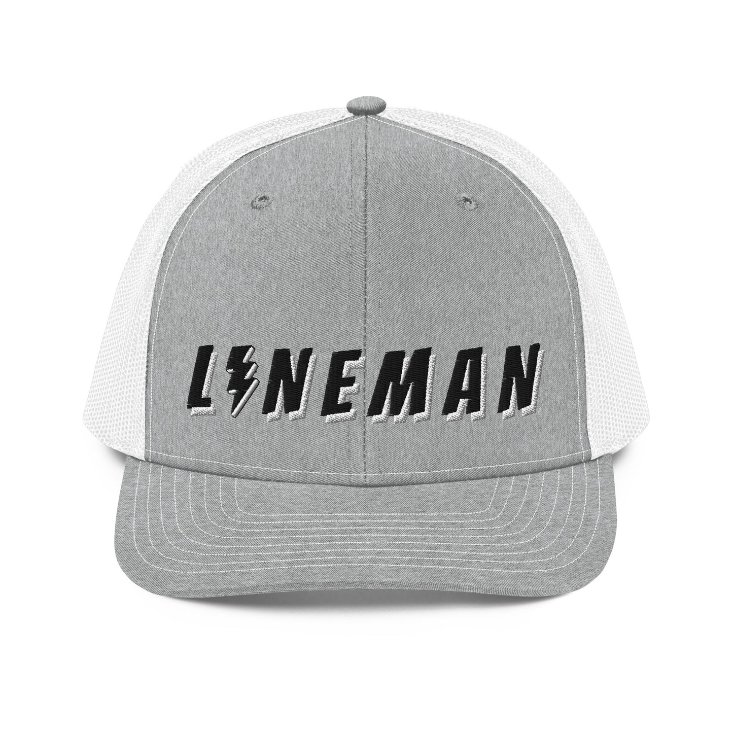 lineman hat with embroidered text and lightning bolt symbol replacing the letter i. grey front white back