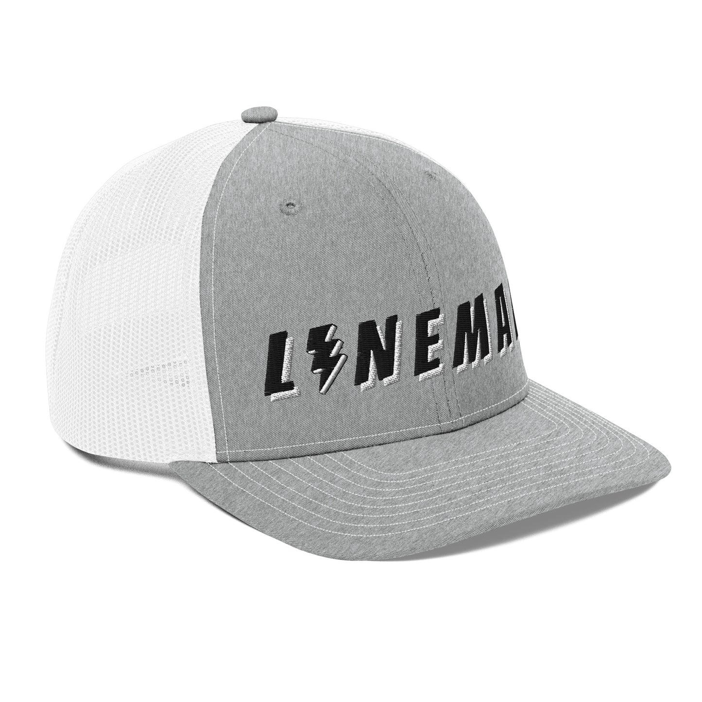 side of lineman hat with embroidered text and lightning bolt symbol replacing the letter i. grey front white back