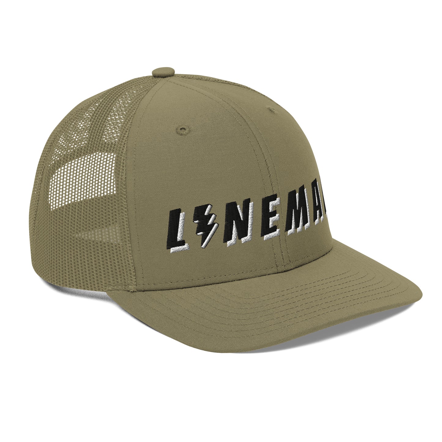 side of green lineman hat with embroidered text and lightning bolt symbol replacing the letter i.