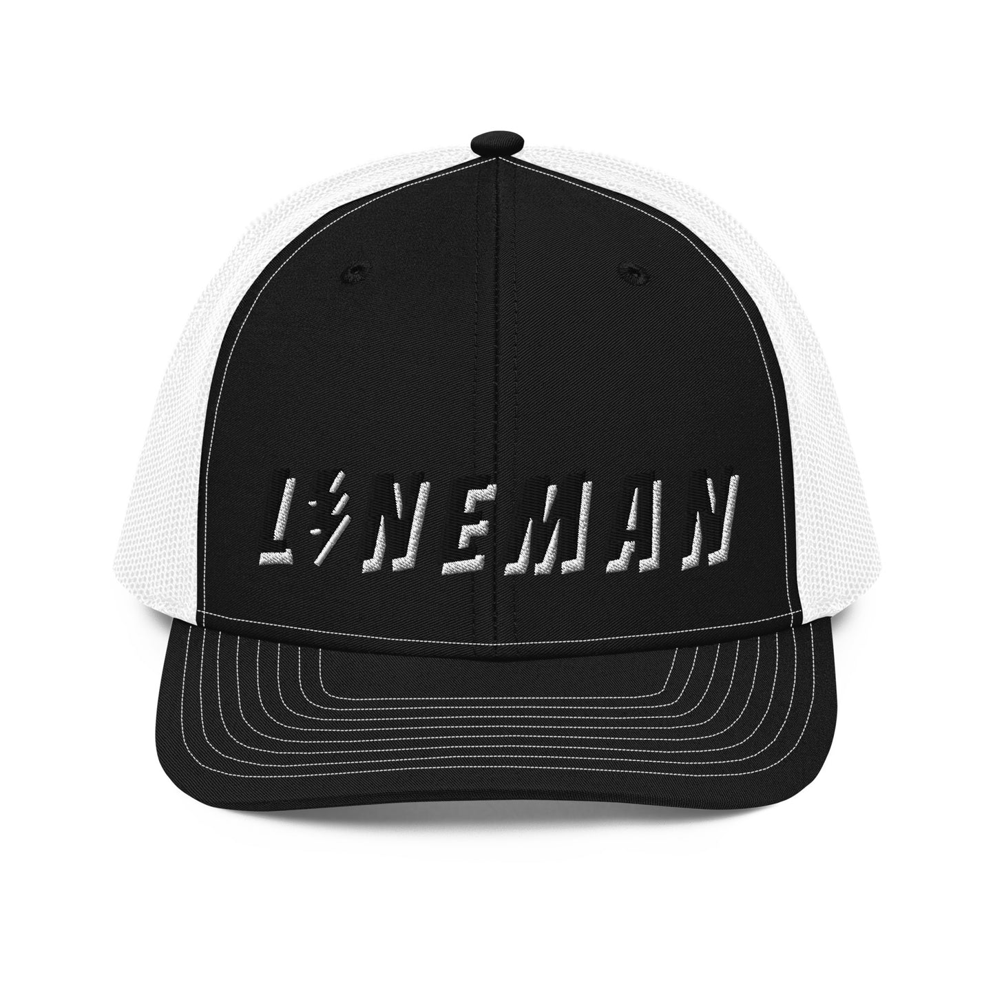 lineman hat with embroidered text and lightning bolt symbol replacing the letter i. black front white back