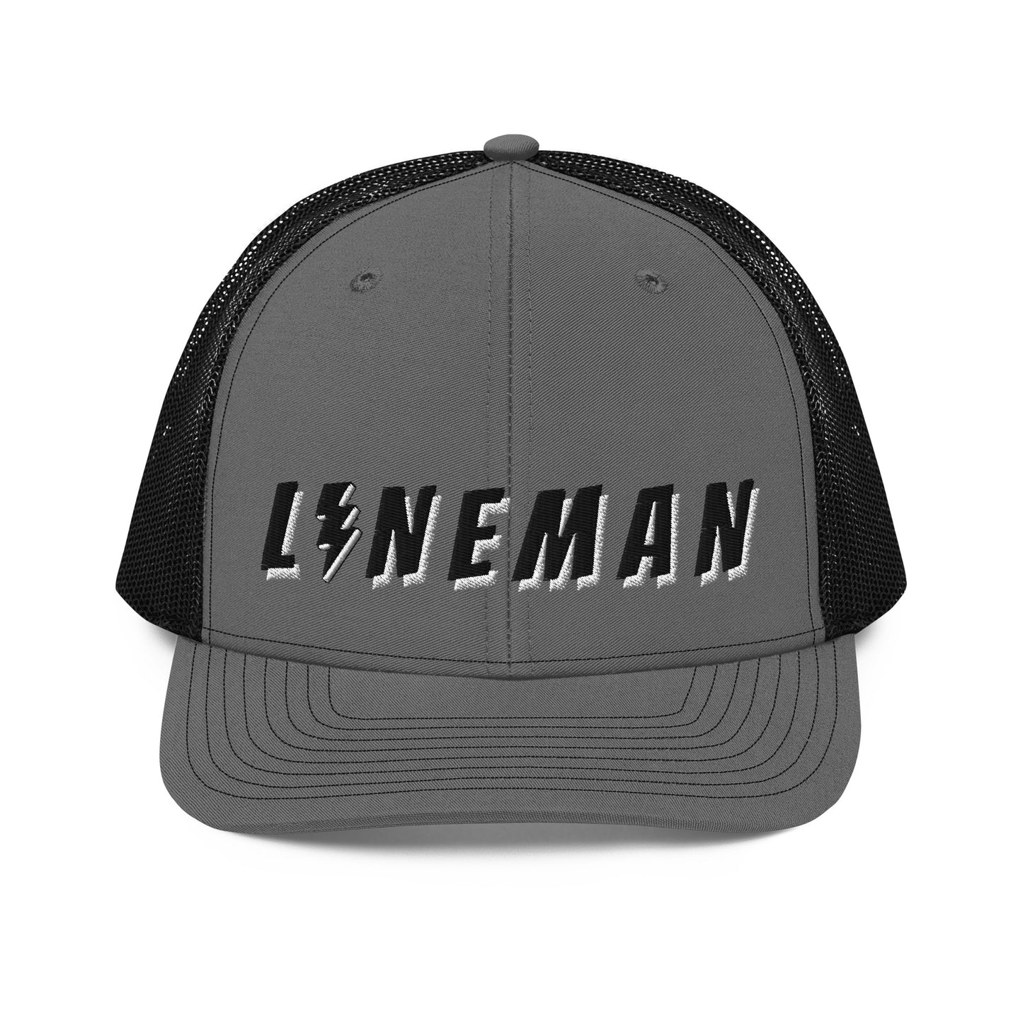 lineman hat with embroidered text and lightning bolt symbol replacing the letter i. charcoal front black back