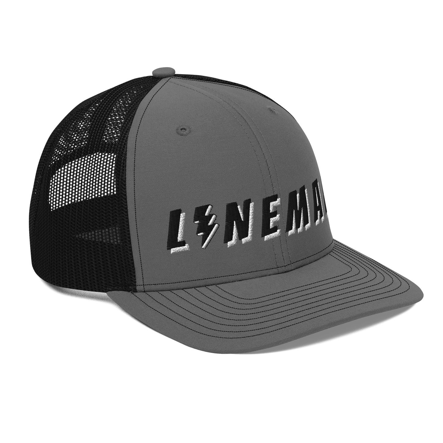 side of lineman hat with embroidered text and lightning bolt symbol replacing the letter i. charcoal front black back