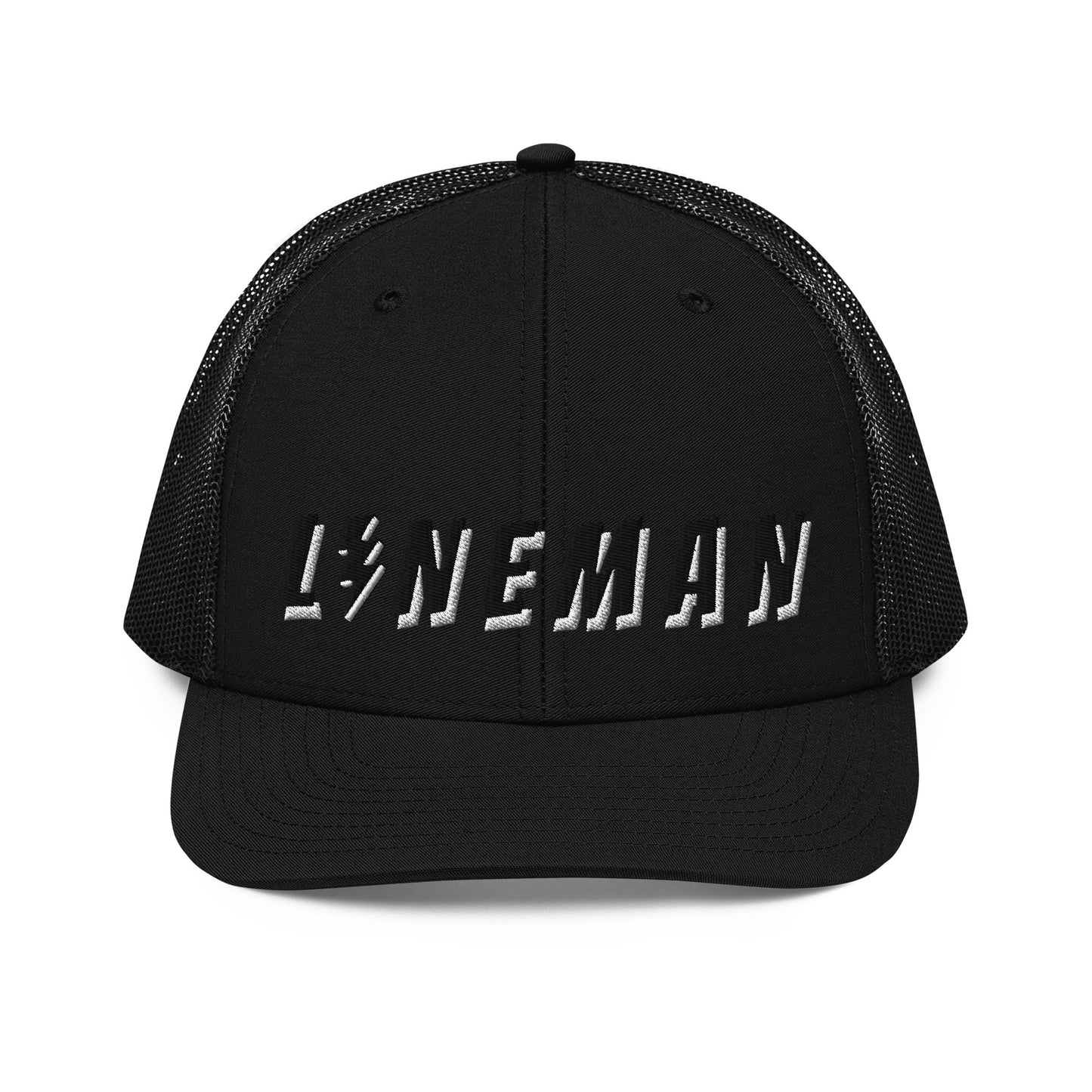 lineman hat with embroidered text and lightning bolt symbol replacing the letter i. all black