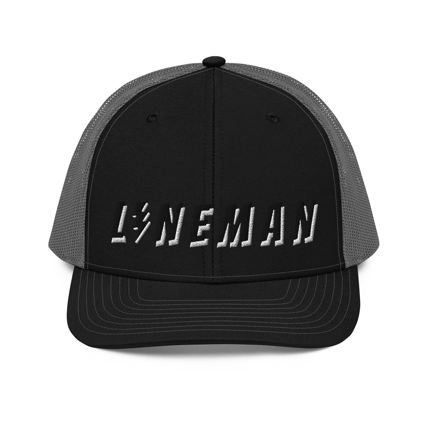 lineman hat with embroidered text and lightning bolt symbol replacing the letter i. black front grey back