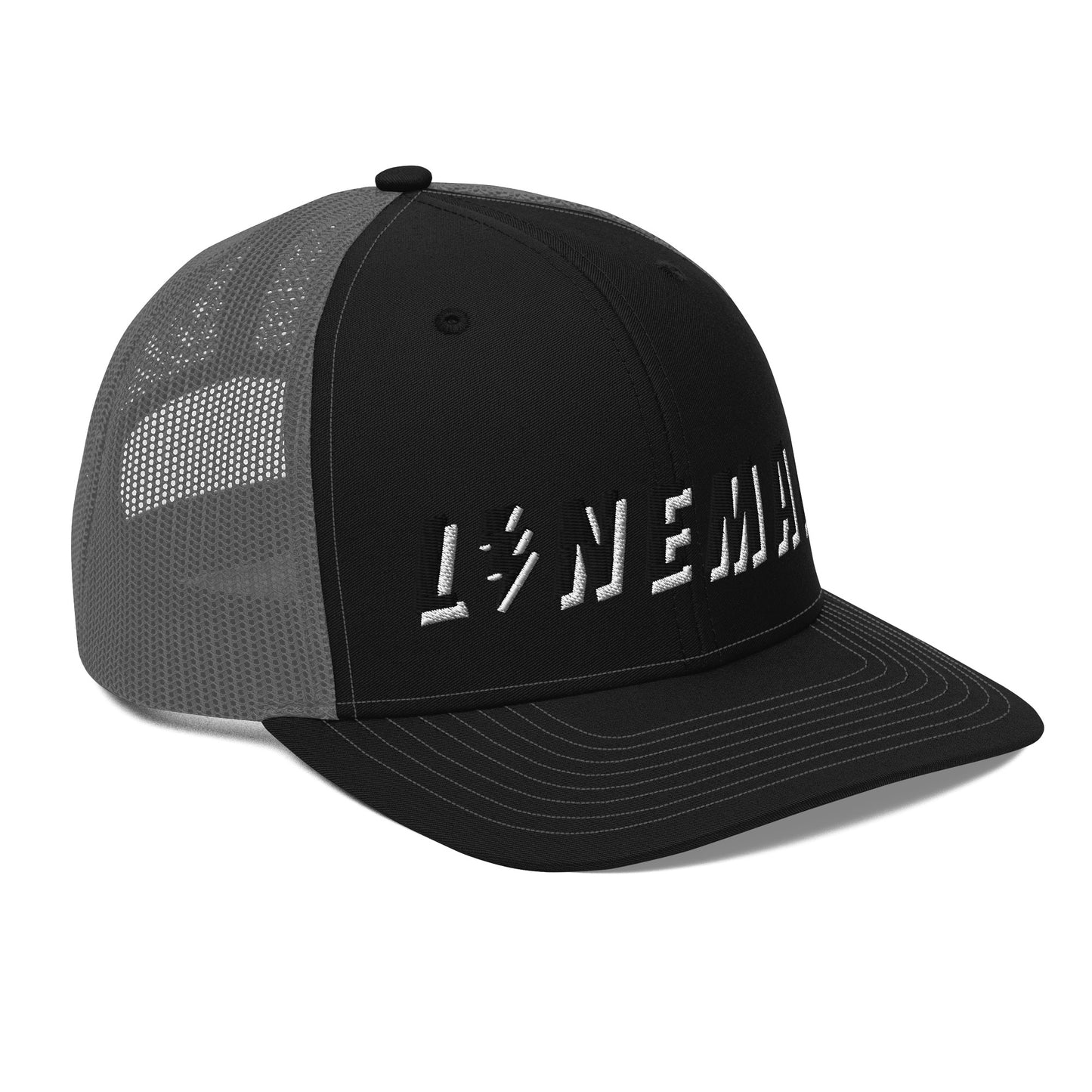 side of lineman hat with embroidered text and lightning bolt symbol replacing the letter i. black front grey back