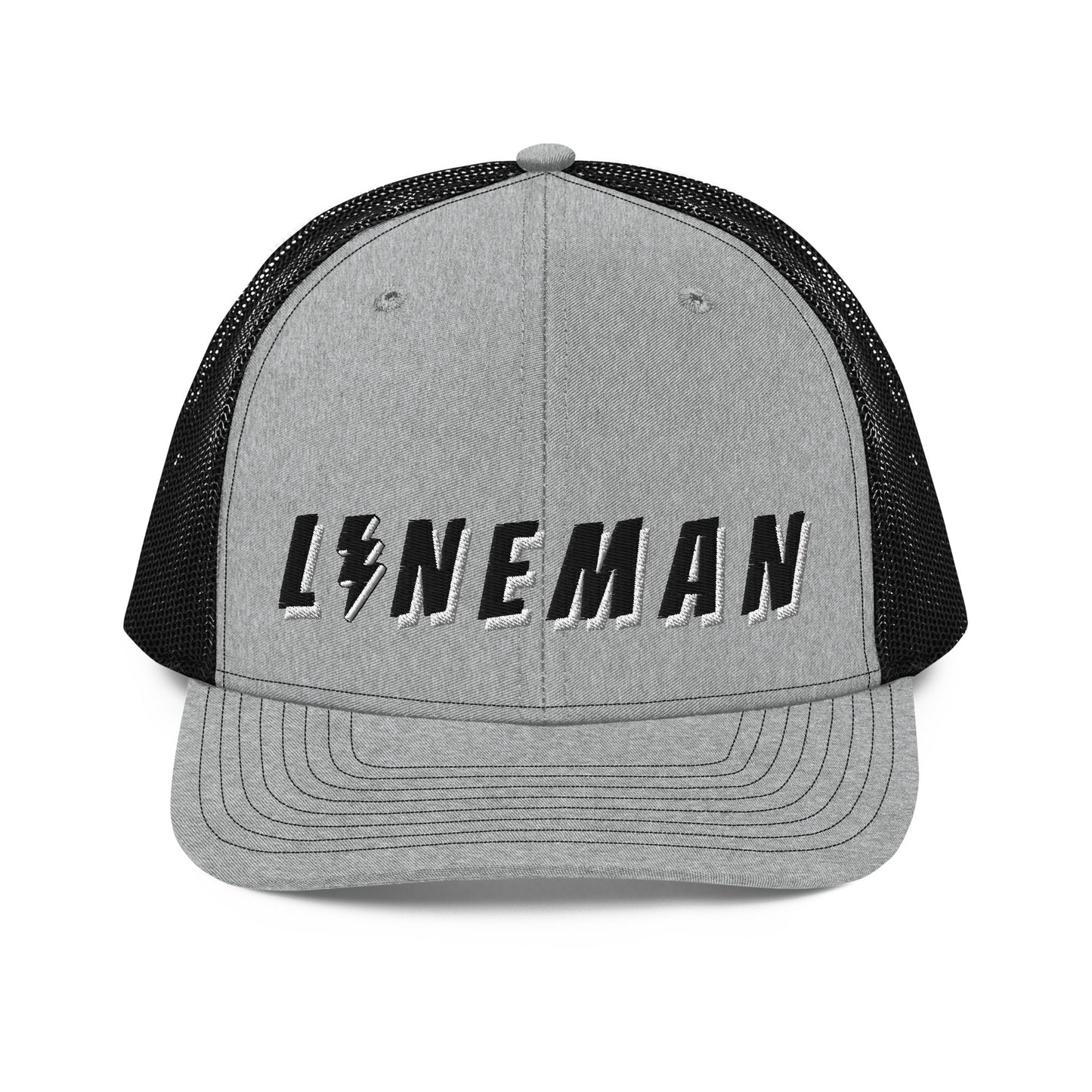 lineman hat with embroidered text and lightning bolt symbol replacing the letter i. grey front black back