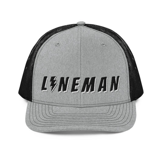 lineman hat with embroidered text and lightning bolt symbol replacing the letter i. grey front black back