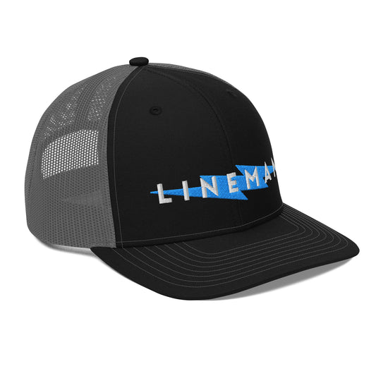 side of black front grey back trucker hat with lineman text and blue lightning bolt