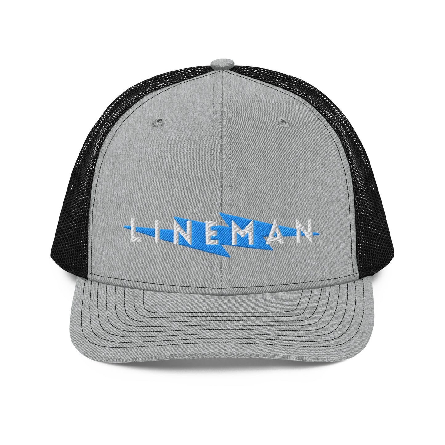 grey front black back trucker hat with lineman text and blue lightning bolt