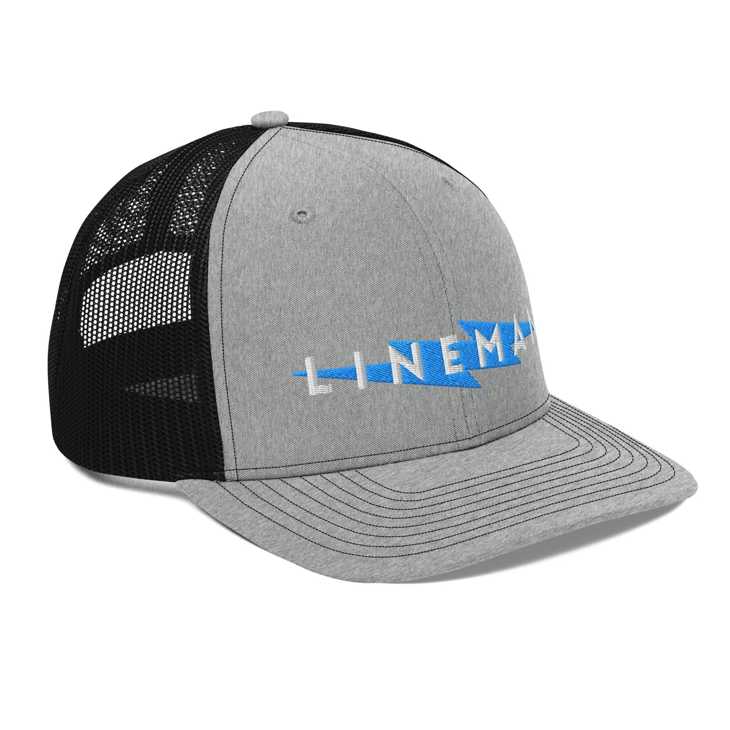 side of grey front black back trucker hat with lineman text and blue lightning bolt