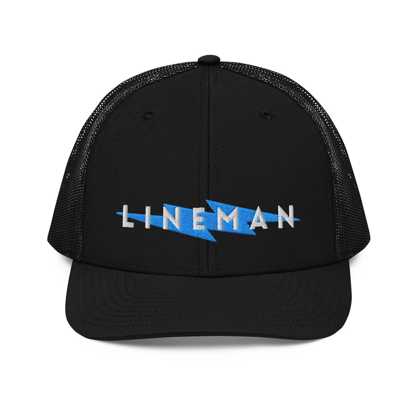 all black trucker hat with lineman text and blue lightning bolt