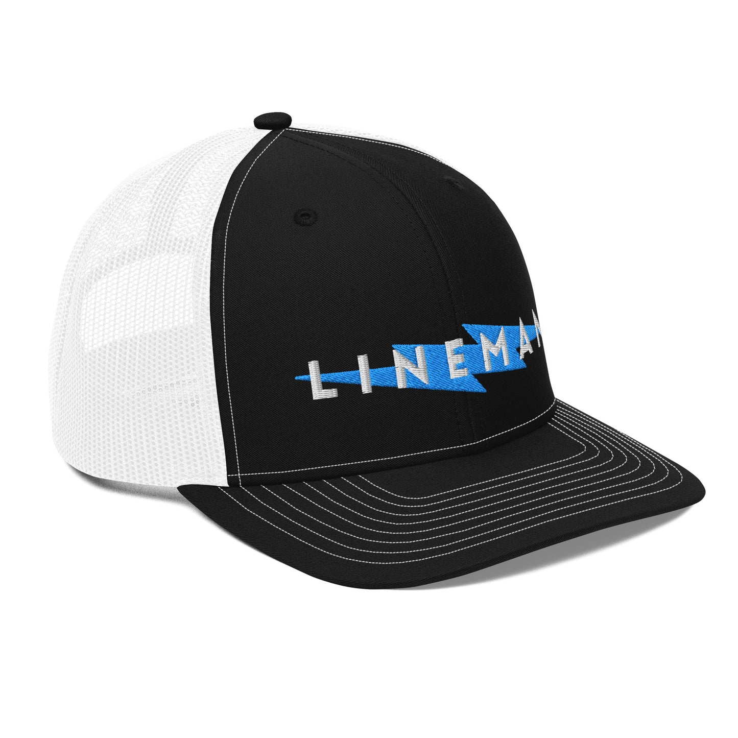 side of black front white back trucker hat with lineman text and blue lightning bolt
