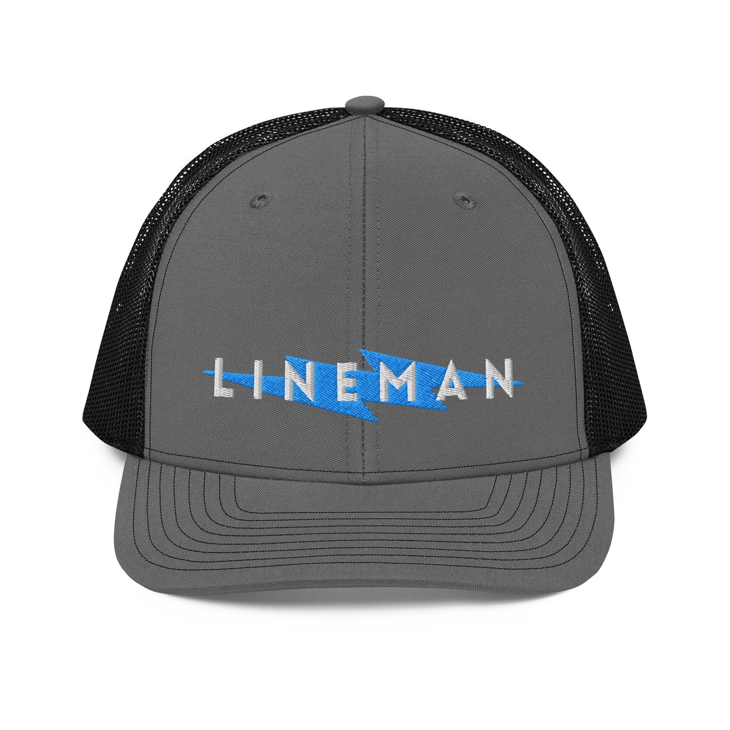 charcoal front black back trucker hat with lineman text and blue lightning bolt