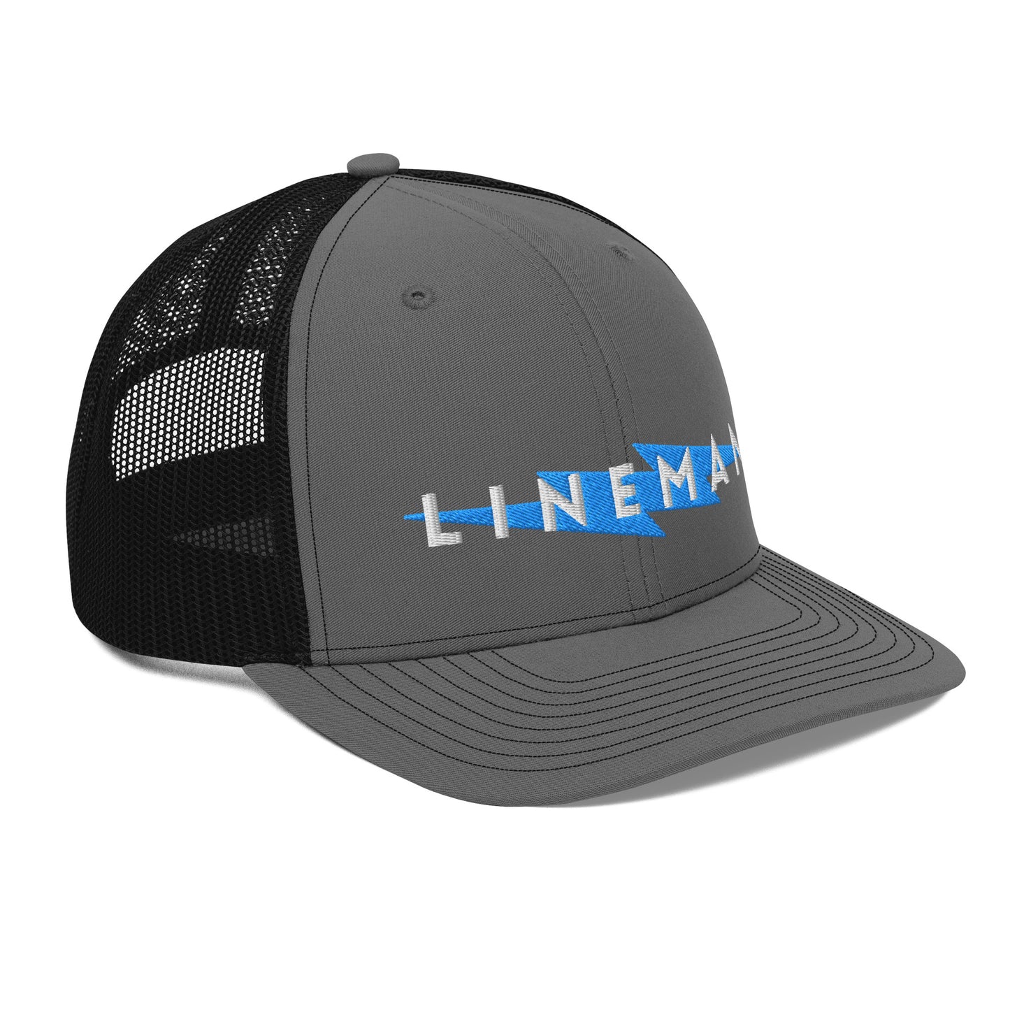 side of charcoal front black back trucker hat with lineman text and blue lightning bolt