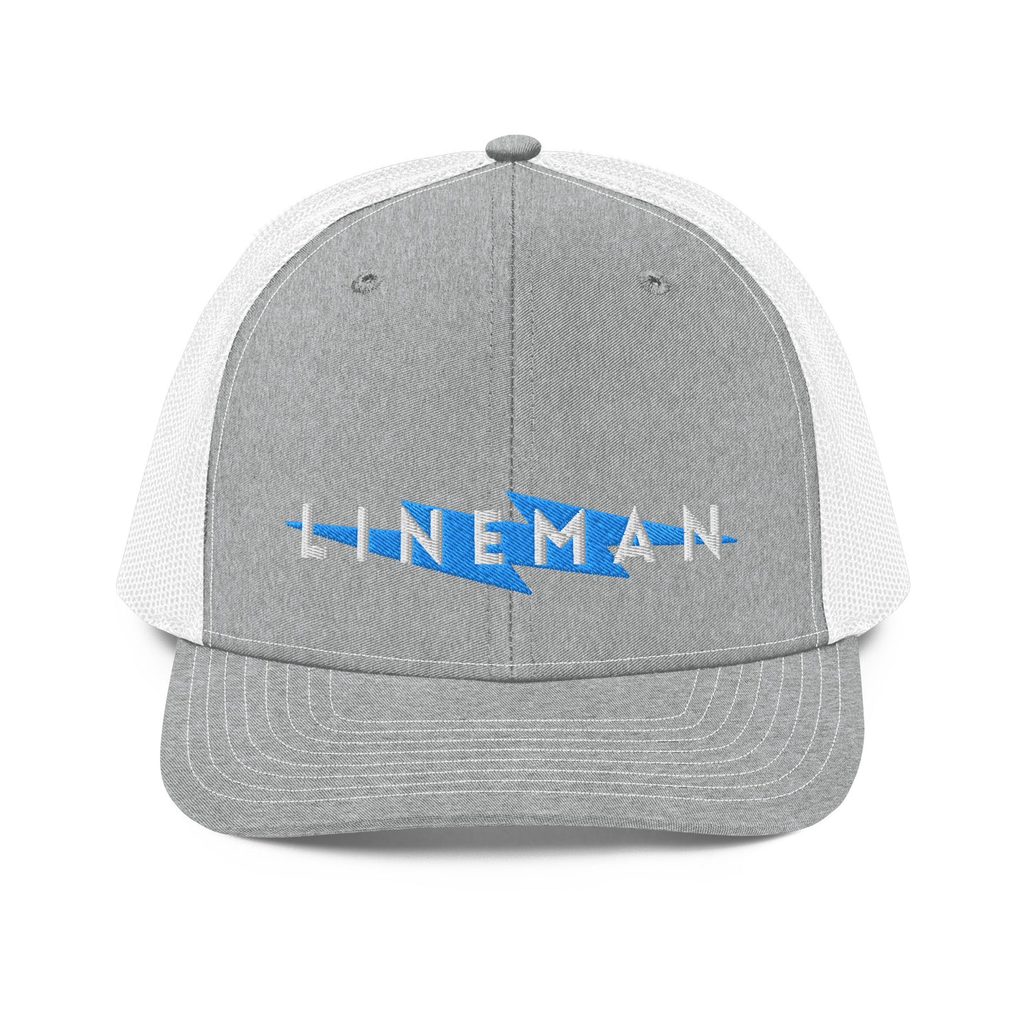 grey front white back trucker hat with lineman text and blue lightning bolt