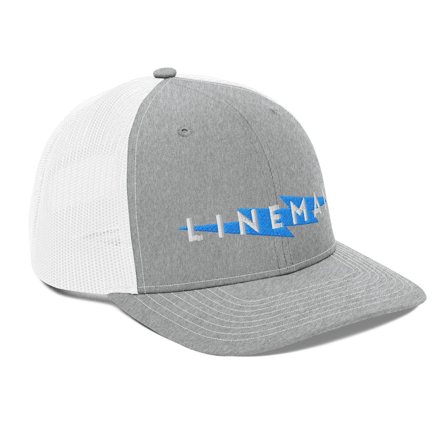 side of grey front white back trucker hat with lineman text and blue lightning bolt