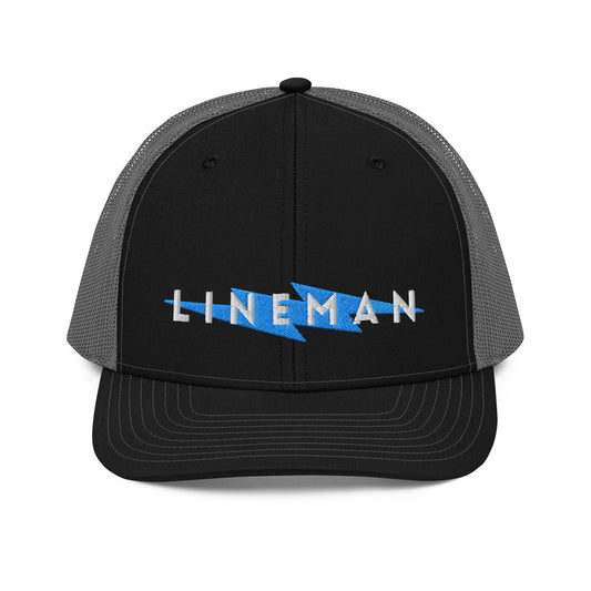 black front grey back trucker hat with lineman text and blue lightning bolt