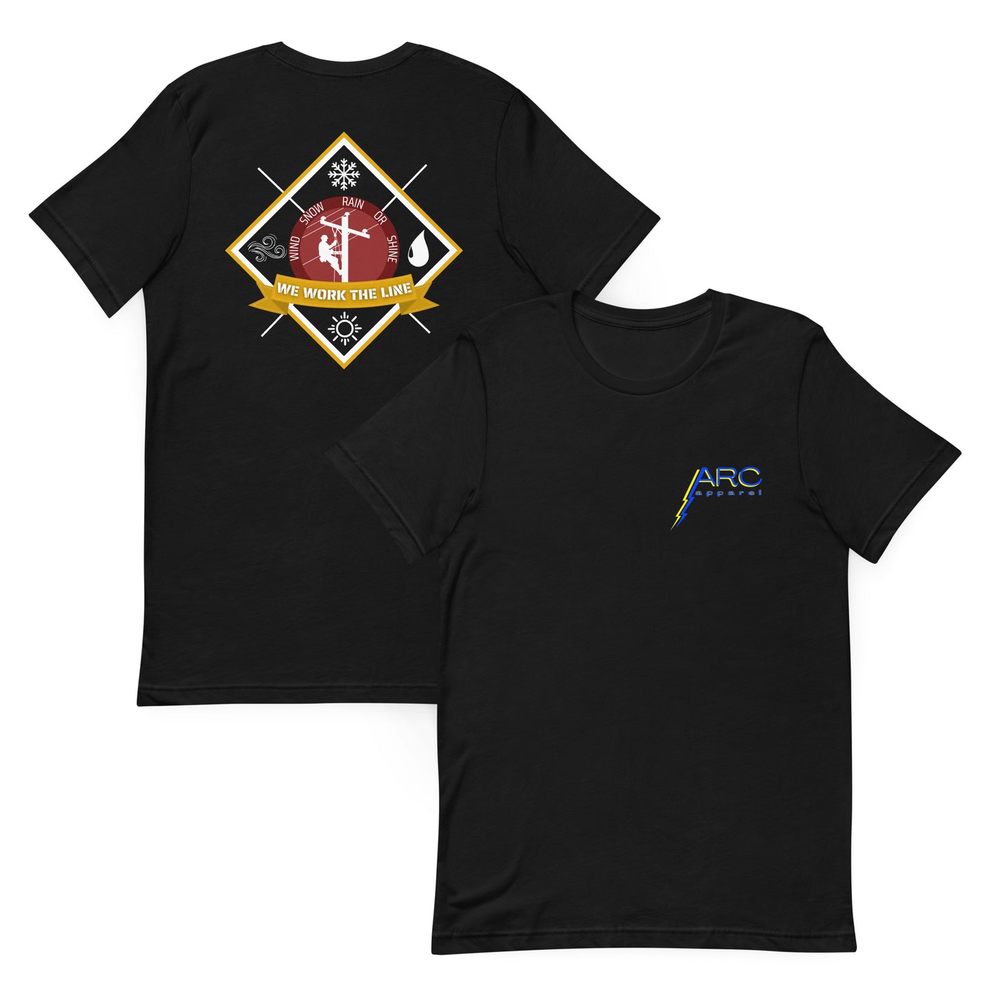 Black lineman shirt with 'We Work the Line' badge and icons for wind, rain, snow, and sunshine. Graphic of lineman on power pole. ARC Apparel on front