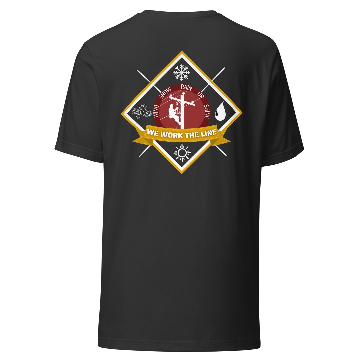 Grey lineman shirt with 'We Work the Line' badge and icons for wind, rain, snow, and sunshine. Graphic of lineman on power pole.